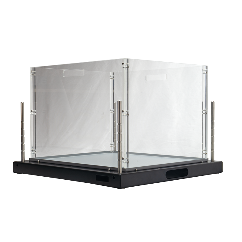 Open Field Cage 40x40cm, with grey non-reflecting base, transparent walls, and uprights to fit vertical-activity sensors, diagonal view