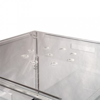 Open Field Cage 40x40cm, with grey non-reflecting base, transparent walls, and uprights to fit vertical-activity sensors, close up