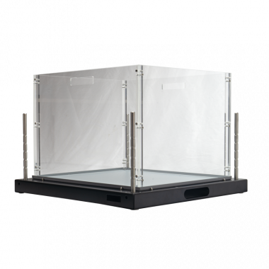 Open Field Cage 40x40cm, with grey non-reflecting base, transparent walls, and uprights to fit vertical-activity sensors, diagonal view