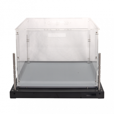 Open Field Cage 40x40cm, with grey non-reflecting base, transparent walls, and uprights to fit vertical-activity sensors, frontal view closed