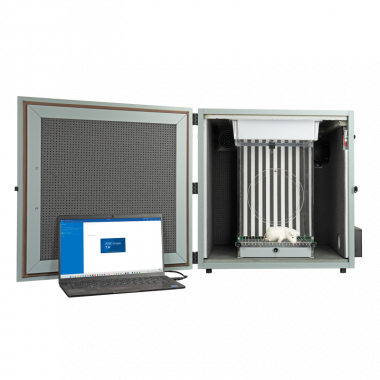 Fear Conditioning System. Cubicle front view with door open and animal cage with checkerboard contexts mounted